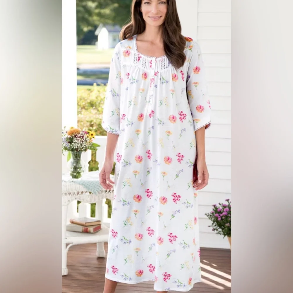 Lanz of Salzburg Tossed Floral Cotton Knit Long Nightgown White Floral Womens 1X